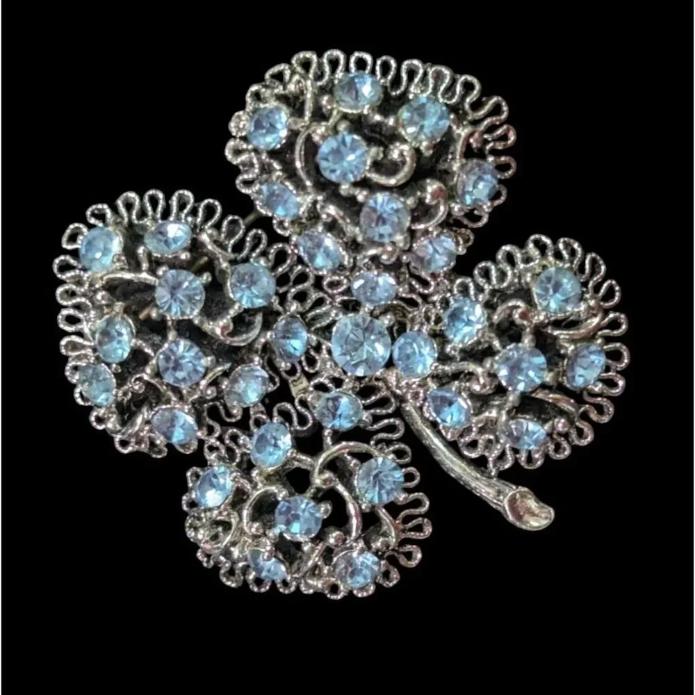 Vintage Rhinestone Clover Brooch Pin -‎ Silver Tone Blue Gems Luck & Sparkle!